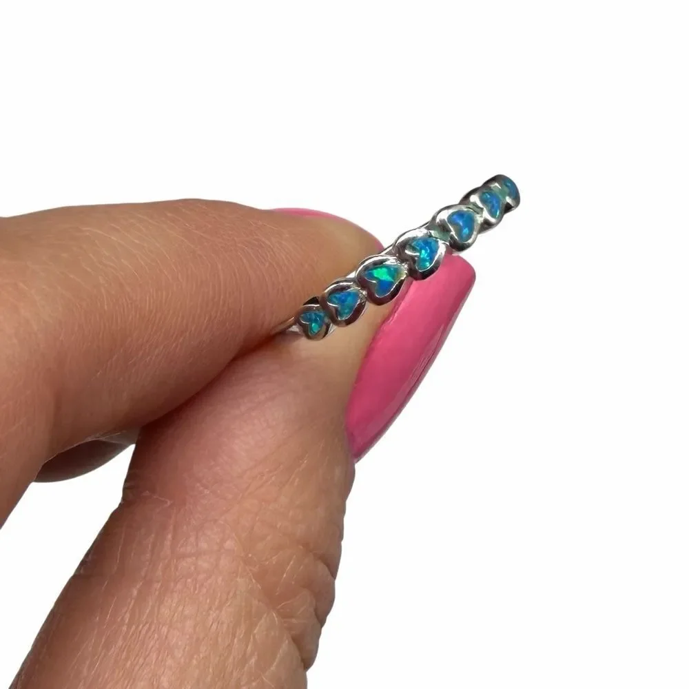 Blue Fire Opal Heart Eternity Band Ring Solid 925 Sterling Silver Size 6